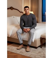 Erkek Kareli Pijama Takımı Bisiklet Yaka Sweatshirt Pantolon Fonksiyonel Dayanıklı Estetik