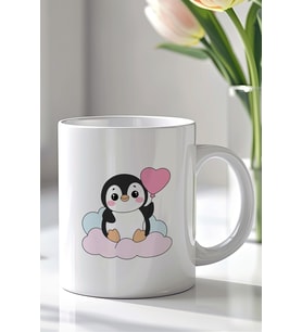 Kalp Balonlu Penguen Figürlü 330ml Baskılı Beyaz Seramik Kupa Bardak