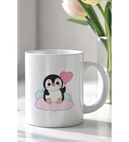 Kalp Balonlu Penguen Figürlü 330ml Baskılı Beyaz Seramik Kupa Bardak