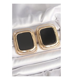 Mey İthalat® Pirinç Gold Renk Siyah Mineli Kare Model Kadın Küpe