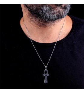 925 Ayar Gümüş İşlemeli Ankh Sembollü Erkek Kolye
