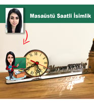 Karikatür Kadın Öğretmen Model Masaüstü Saatli İsimlik MSİ12