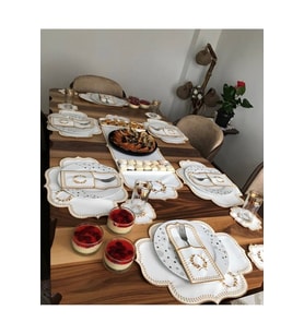Başak Krem Gold 8 Kişilik 25 Parça Masa Örtüsü Runner Seti Nakışlı Deri Yemek 