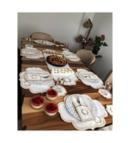 Başak Krem Gold 8 Kişilik 25 Parça Masa Örtüsü Runner Seti Nakışlı Deri Yemek 