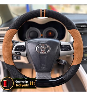 Toyota Auris E150 Dikme Direksiyon Kılıfı Delikli Deri Parlak Siyah Taba Detay Çift Yüzük ve Dikiş 2006-2012