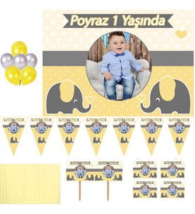 Hayaller Dükkanı Sarı Gri Fil Temalı Konsept 1-2-3 Yaş Doğum Günü Süsleri, Süsleme ve Magnet Seti