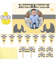 Hayaller Dükkanı Sarı Gri Fil Temalı Konsept 1-2-3 Yaş Doğum Günü Süsleri, Süsleme ve Magnet Seti