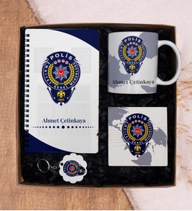 Polis Logolu İsme Özel Ahşap Kapaklı  Defter & Kupa Bardak ,  Taş Bardak Altı,  Anahtarlık