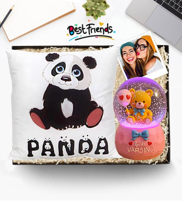 Kişiye Özel Sevimli Panda Yastık & İyi Ki Varsın Balonlu Ayıcık Işıklı Kar Küresi