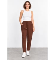 Kadın Beli Lastikli Bağcıklı Viskoz Pantolon W27-1324 - Kahverengi