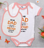 BK Kids Kişiye Özel Dear Dad Tasarımlı Pembe Bebek Body Zıbın ve Mama Önlüğü Hediye Seti