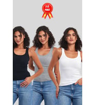 Kadın Siyah-Gri-Beyaz Fitilli Görünümlü Askılı Kalın 2'li Basic Atlet Bluz