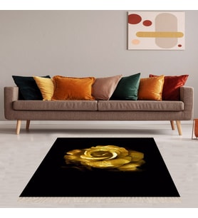 Gold Gül Siyah Zeminli Desenli Dijital Baskı Yıkanabilir Kaymaz Taban Salon Halısı ve Yolluk