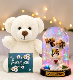 Kişiye Özel Yazılı 3 Fotoğraflı Renkli LED Işıklı Fanus(beyaz melekli) ve Beyaz Peluş Ayıcık Sevgiliye Hediye Kadına Hediye