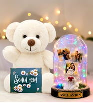 Kişiye Özel Yazılı 3 Fotoğraflı Renkli LED Işıklı Fanus(beyaz melekli) ve Beyaz Peluş Ayıcık Sevgiliye Hediye Kadına Hediye