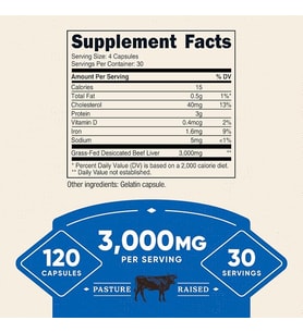 Grass-Fed Beef Liver 3,000 mg 120 Capsules - NON GMO - GLUTEN FREE