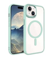 Coverzone iPhone 15 ile uyumlu K?l?f Wireless ?arj �zellikli Metal buton Z-Krom MagSafe ile uyumlu ?effaf Transparan Double Color Silikon Kapak Ye?il