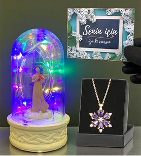 Renkli Led Işıklı Fanus ve Gerçek Ametist Taşlı Lotus Kolye Hediye Seti (Model 3)