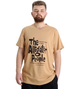 Mode XL Büyük Beden Erkek V Yaka T-shirt ALLIGATOR 23033 Bej