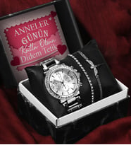 Anneler Gününe Kişiye Özel Kutulu Kadın Saati & Melek Bileklik & Zirkon Taşlı Bileklik Seti