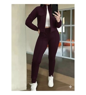Kadın Uzun Kollu önden Fermuarlı Kısa Modal Mor Ceket Ve Pantolon Ikili Takım
