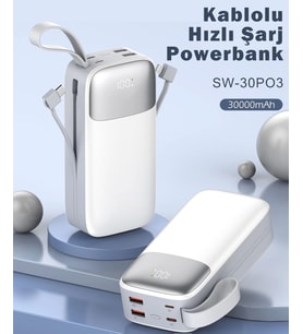 Sword 30000 Mah PD 22.5 W Hızlı Şarj Kendinden Kablolu Type-C & Lightning Powerbank Beyaz SW-30PO3