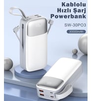 Sword 30000 Mah PD 22.5 W Hızlı Şarj Kendinden Kablolu Type-C & Lightning Powerbank Beyaz SW-30PO3