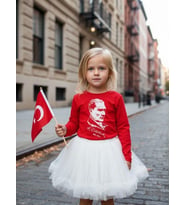 Çocuk Pamuklu Atatürk ve İmza Baskılı Uzun Kollu T-shirt (Kırmızı)