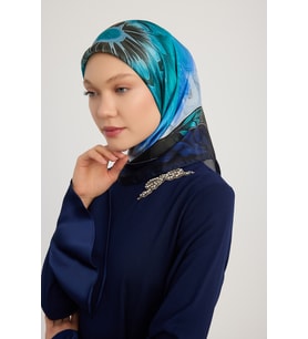 Schaless Güneş Çiçeği - Lacivert - Aurora Desenli Janjan Eşarp - 90x90 Cm (Mavi)