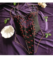 Helena Kırmızı Çiçek İşlemeli Transparan Bodysuit-SİYAH