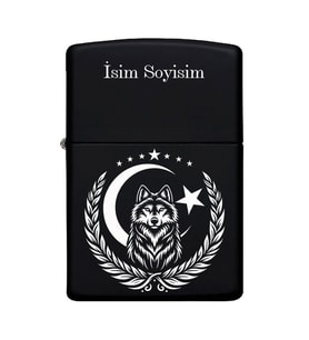 Kurt ve Ay Yıldız Desenli Kişiye Özel İsimli Benzinli Siyah Metal Çakmak ZP171