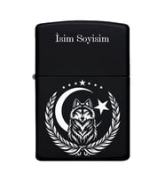 Kurt ve Ay Yıldız Desenli Kişiye Özel İsimli Benzinli Siyah Metal Çakmak ZP171