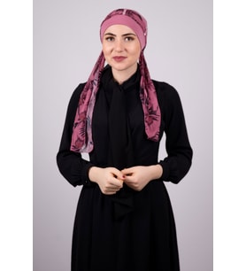 Gül Kurusu Pratik Hazır Geçmeli Tesettür Bone Sandy Kumaş Desenli Şifon Kemerli 1305D_18