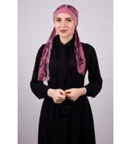 Gül Kurusu Pratik Hazır Geçmeli Tesettür Bone Sandy Kumaş Desenli Şifon Kemerli 1305D_18