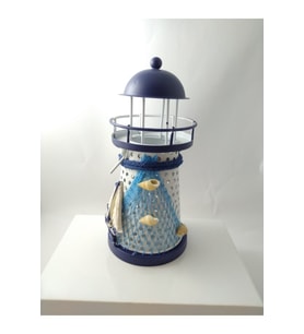 Mavi Metal Led Deniz Feneri, 14 cm, modern ve şık dekorasyon aksesuarı (Krem)