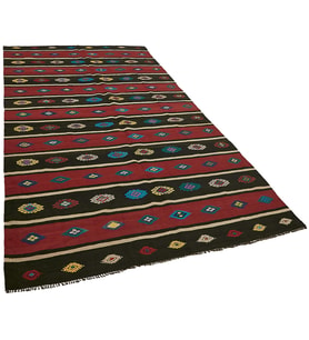 Kırmızı Kilim Kahverengi Tonlarında Geometrik Etnik Stil El Dokuma Salon Kilimi Pamuk Yünlü