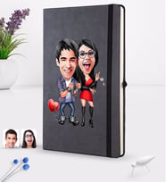 BK Gift Kişiye Özel Sevgililer Karikatürlü Siyah Termo Deri Defter 16x24cm Model 1