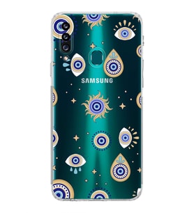 PrintiFy Samsung Galaxy A20S ile Uyumlu Nazar Boncuğu 5  Kamera Korumalı Şeffaf Silikon Kılıf