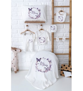 Pia Baby Premium İsimli %100 Pamuk Yenidoğan Kız Bebek Kelebekli Hediyelik Zıbın Set 5090-02 (Ekru)
