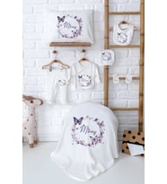 Pia Baby Premium İsimli %100 Pamuk Yenidoğan Kız Bebek Kelebekli Hediyelik Zıbın Set 5090-02 (Ekru)