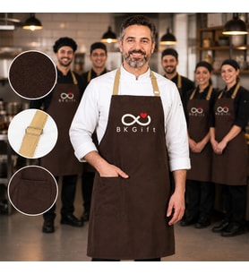 Logonuza Özel 10 Adet Mutfak Önlüğü Koyu Kahverengi - Bej Ayarlanabilir Boyun Askısı - Ön Cepli