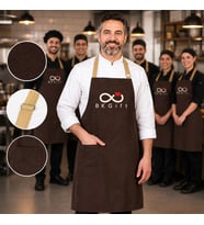 Logonuza Özel 10 Adet Mutfak Önlüğü Koyu Kahverengi - Bej Ayarlanabilir Boyun Askısı - Ön Cepli
