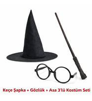 Nessiworld Harry Potter Tarzı Çocuk Seti (Siyah Keçe Şapka, Asa, Gözlük) (Krem)