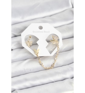 Kelebek Model Pirinç Gold Renk Zincir Bağlantılı Ear Cuff Küpe Seti - TJ-BKP11548 TG-V 12507