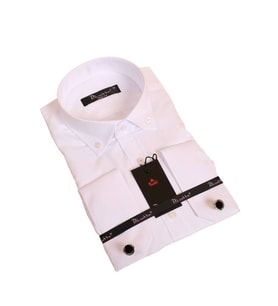 Beyaz Düğmeli Yaka ve Zincirli Uzun Kol Dar Kesim Micro Kumaş Kol Düğmeli Slim Fit Erkek Gömlek - 198-1