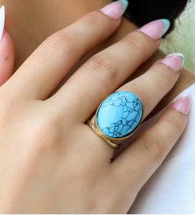 Doğal Taş Oval Firuze Doğal Taşlı Ayarlanabilir Kadın Yüzük euy13f