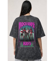 Tasarım Rock Gods Kiss Rock Metal Müzik Grubu Baskılı Unisex Oversize Eskitme Yıkamalı Tişört