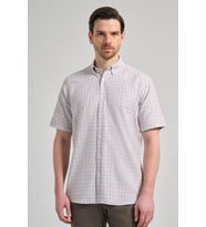 Kısa Kol Kareli Desen Bez Ayağı Düğmeli Yaka cepli Pamuklu Classic Comfort Fit Gömlek 1004250165 (Açık Bej)
