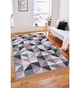 Pembe Geometrik Kaymaz Taban Makinede Yıkanabilir Halı PR06 - 100 x 160 cm