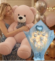 Sevgiliye Özel 90 cm Peluş Ayı ve LED’li Mavi Ayıcık Buketi Kalp Balonlu Sevgililer Günü Hediye Seti (Açık Pembe)